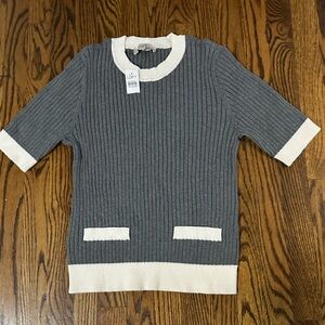LOFT Gray and Cream Ribbed Sweater